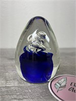 Blue and clear swirly glass paperweight