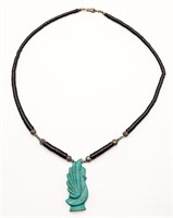 Carved Swan Jet Turquoise Sterling Heishi Necklace