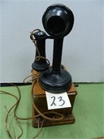 Black Candlestick Telephone w/ Oak Ringer Box