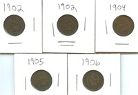 5 Indian Head Cents: (2) 1902, 1904, 1905 & 1906
