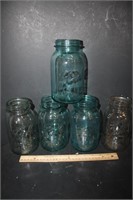 Blue Mason Jars # 3, 5,6 & 8 & Clear Mason Jar