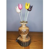 Hand Turned Vase with Wooden Tulips