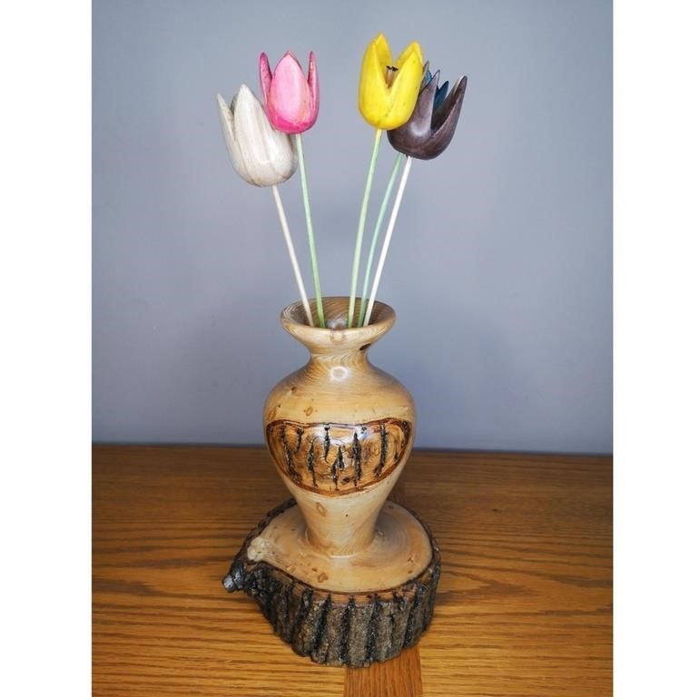 Hand Turned Vase with Wooden Tulips