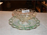 Vintage Depression Etched Green Plate & Clear Bowl