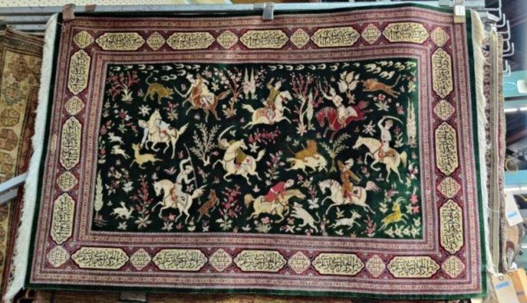 3' 4" x 5' Finely Woven All Silk Hunting Scene Rug