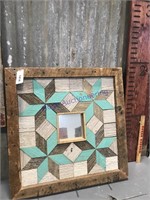 Wood quilt framed mirror w/ nail hooks