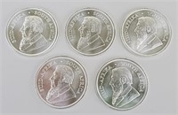 5 2021 One Ounce Fine Silver Kruggerrands.