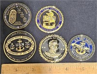 5 USN Navy Challenge Coins - Chiefs, Officers