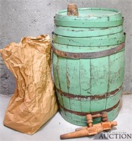 Antique Primitive Green Painted Wood Keg Barrel