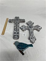 2 Large pewter crosses, metal cast bird