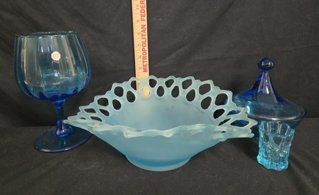 Westmoreland Satin Blue Banana Bowl & Blue Glass