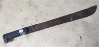 Long Machete with Serrations on Top of Blade.