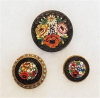 3 Antique Italian Mosaic Jewelry Round Flower Pins