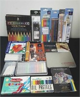 New packages of colored pencils and oil pastels