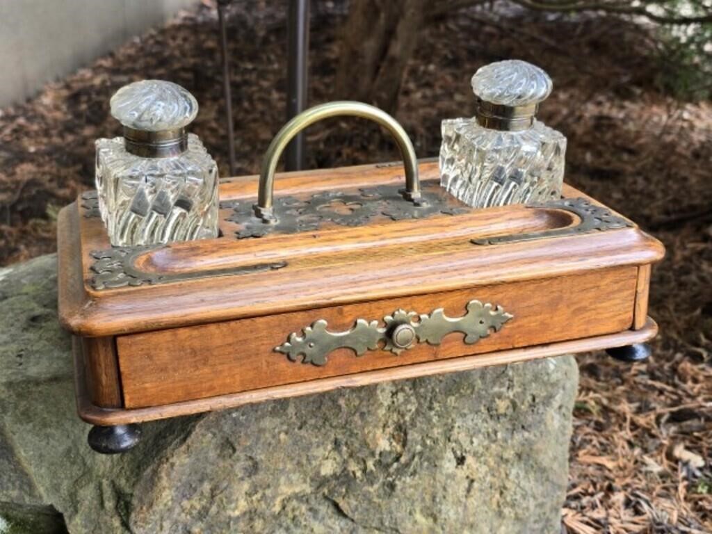 Antique Desk Writing Chest w/ Ink Wells