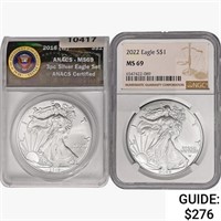 2016 & 2022 Silver Eagle NGC,ANACS MS69 2016-2022