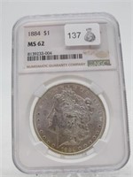 1884 MORGAN SILVER DOLLAR NGC MS62