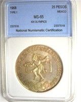 1968 T-1 25 Pesos NNC MS65 XIX Olympics