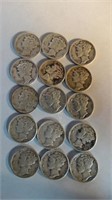 15 Mercury Dimes 9-1943 & 6-1945