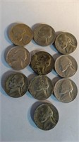 10 Jefferson Nickels 1939, 1945, 4-1945 (P),