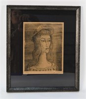 ETCHING OF MODERNIST WOMAN SIGNED BELOW ILLEGIBLY