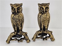 PAIR BRASS OWL ANDIRONS WITH GLASS EYES