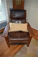 Mission style oak and leather upholstered recliner