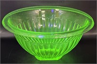 Vaseline Glass Ribbed Mixing Bowl 11 1/2”