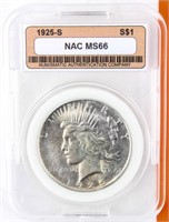 Coin 1925-S Peace Silver Dollar NAC MS66