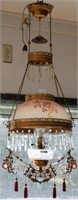 FANCY VICTORIAN BRASS PULL DOWN LAMP WITH PAINTED