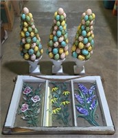 (O) Easter Topiary Egg Trees, Painted Glass Decor