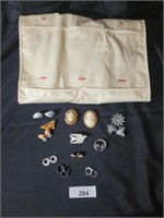7 lapel pins, jewelry bag, & 6 earrings