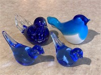 4 Blue Art Glass Birds