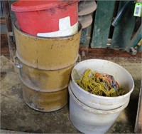 Metal Garbage Can & 3 Plastic Barrels, Nylon Rope