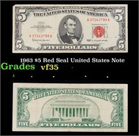 1963 $5 Red Seal United States Note Grades vf++