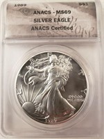 1989 American Silver Eagle, Graded ANACS MS 69