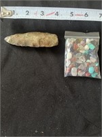 4 inch arrowhead with bag of colored rocks