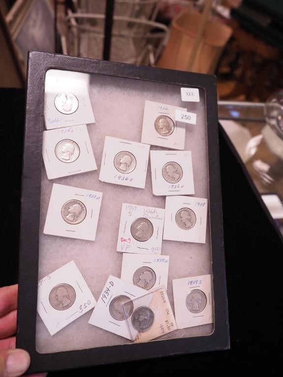 13 U.S. silver Washington quarters including