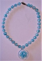 Glass Pendant Glass Necklace Aqua Flower Necklace