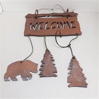 Metal welcome chime sign yard decor bear trees