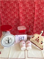 Red & white household scale; S&P Shaker