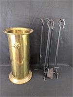 Brass Umbrella Stand & Fireplace Tools