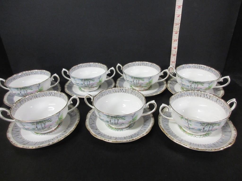 7-ROYAL ALBERT 'SILVER BIRCH' HANDLED CUPS/SAUCERS