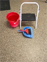 Dustpan, hand broom, bucket, and step stool