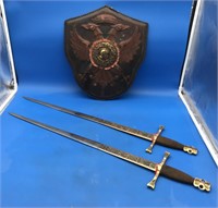Pr of Decorative Swords & Leather Wall Art Shield