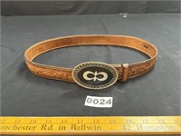 Handtooled Leather Belt w/ Geometric Belt Buckle