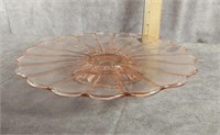 PINK DEPRESSION GLASS FOOTED CAKE PLATE 10"