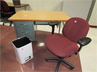 Desk, Chair, and Trash Can
