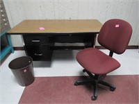 Desk, Chair, and Trash Can