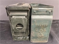 Pair of metal ammo boxes. One is missing its lid.